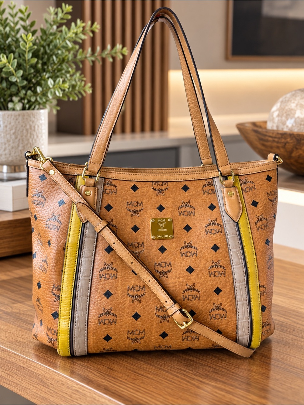 MCM Cognac Logo Tote with Yellow & Taupe Stripes